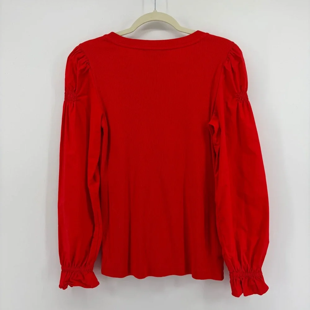 LOFT Womens Small Red Top Long Puff Sleeve Ribbed Mixed Media Smocked Cuff
